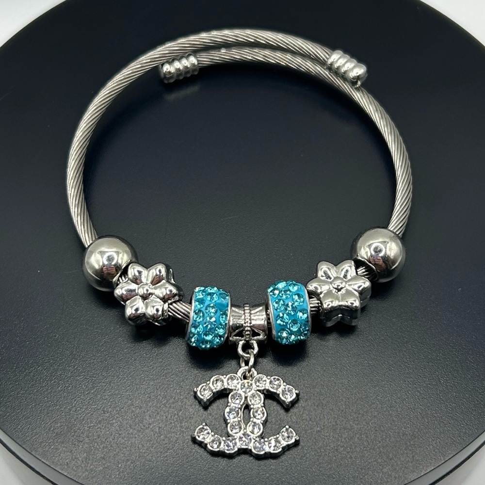 Trendy Silver and Blue Charm Bracelet